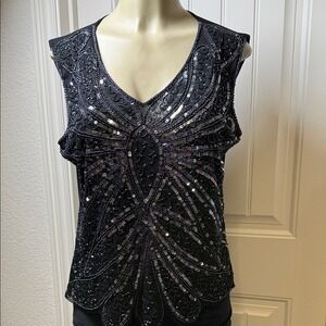 90s Does 20s Beaded Party Shell L Black Gunmetal Sequins Gatsby Cocktail Top